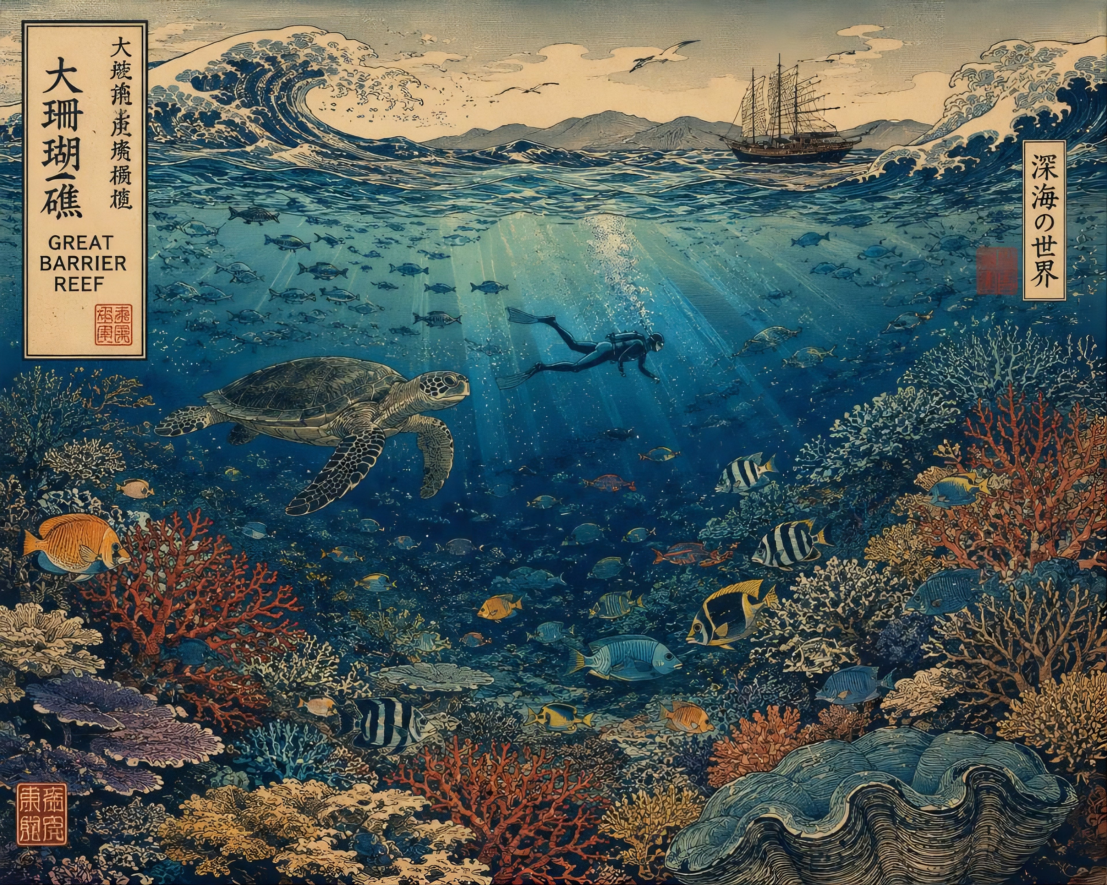 Great Barrier Reef – Japanese Ukiyo-e  Art Print | Australian Wall Art